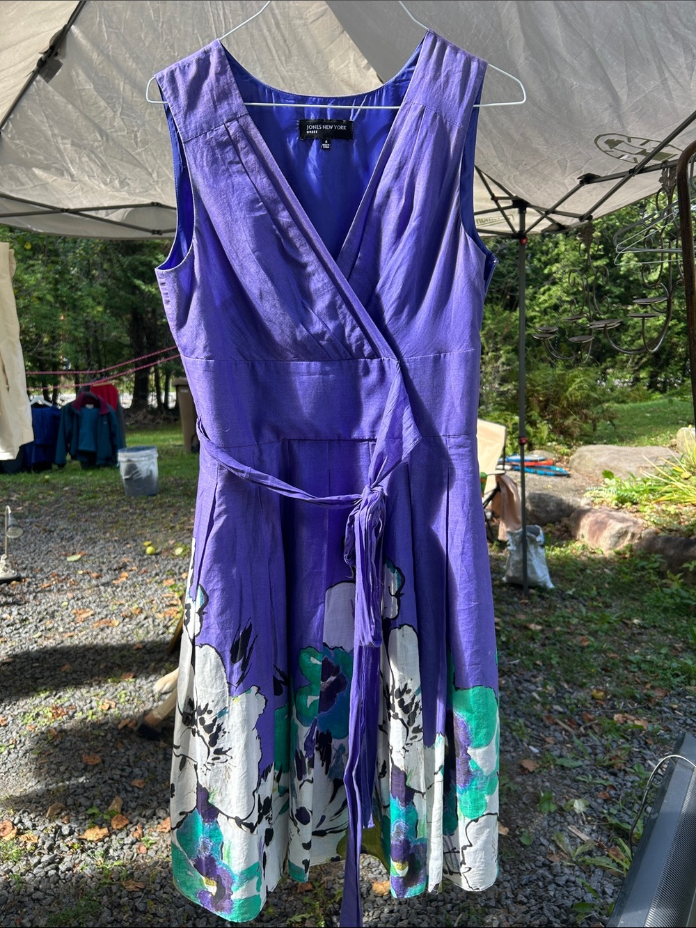 Jones New York Violet Sleeveless Wrap Dress with Floral Hem